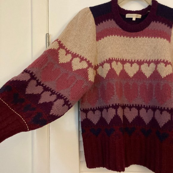 LoveShackFancy Prune/Multicolor Shirelle Heart Balloon-Sleeve Pullover Sweater - Picture 6 of 12